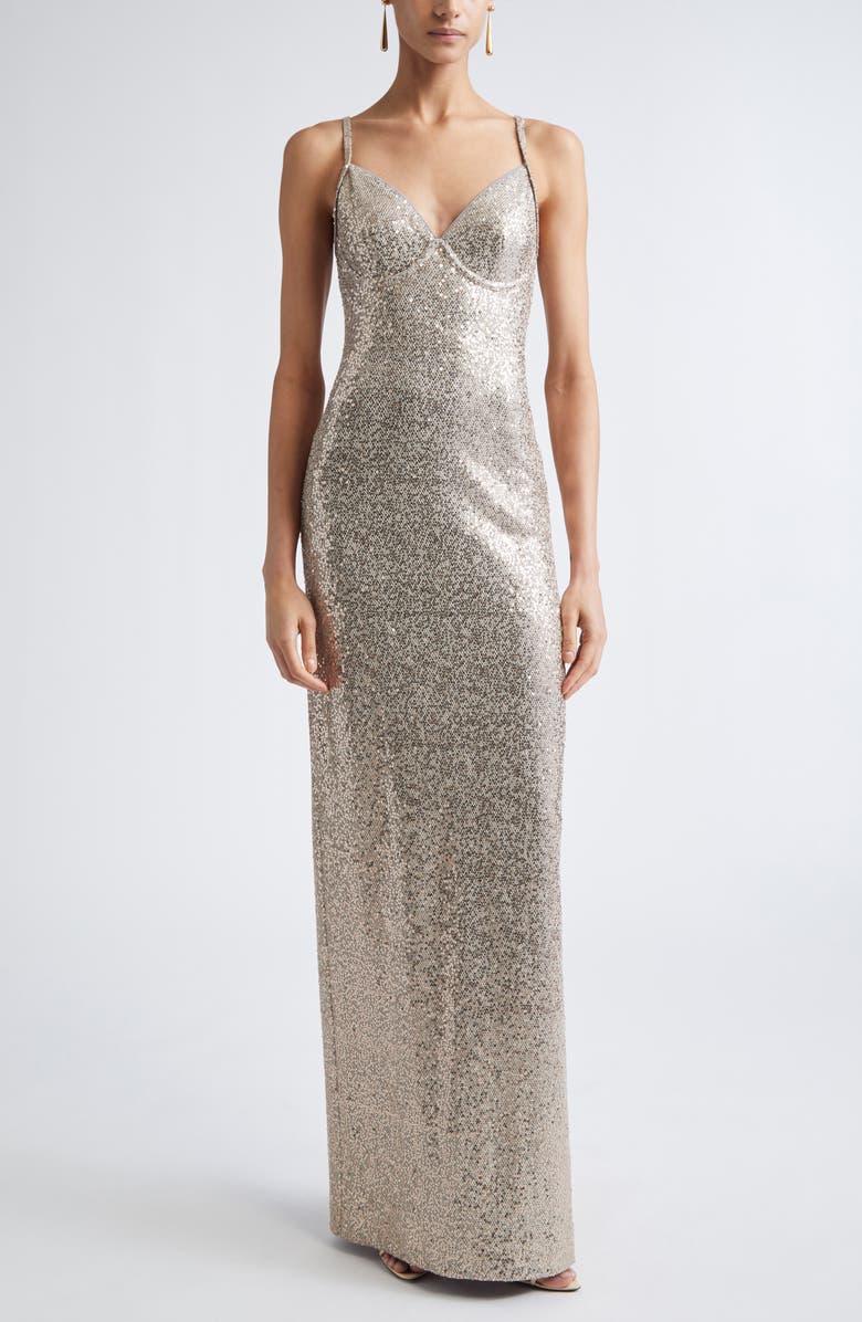 ST. JOHN Luxe Sequin Gown, Main, color, Latte Light Grey Melange