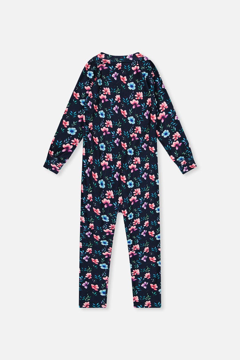 One Piece Stretch Fleece Asymmetric Zip Thermal Underwear, Alternate, color, Blue Floral Print