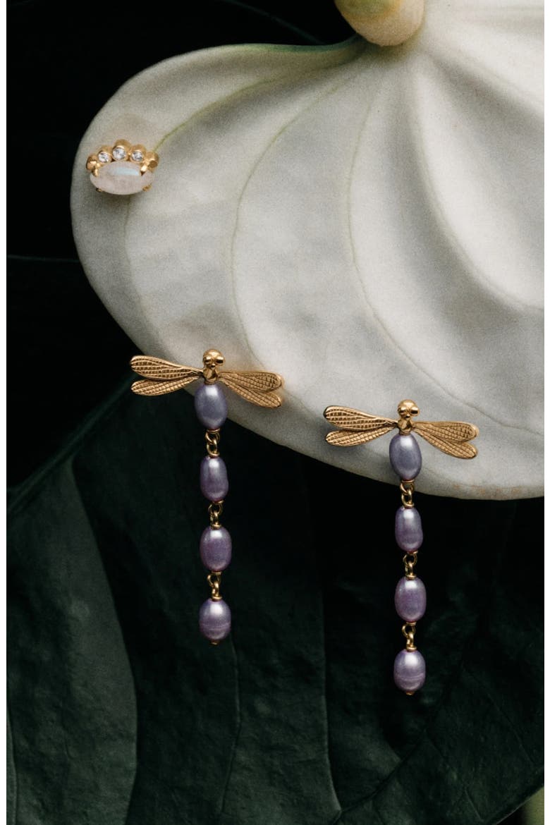 Metamorphic Damselfly Freshwater Pearl Earrings, Alternate, color, 925 STERLING SILVER