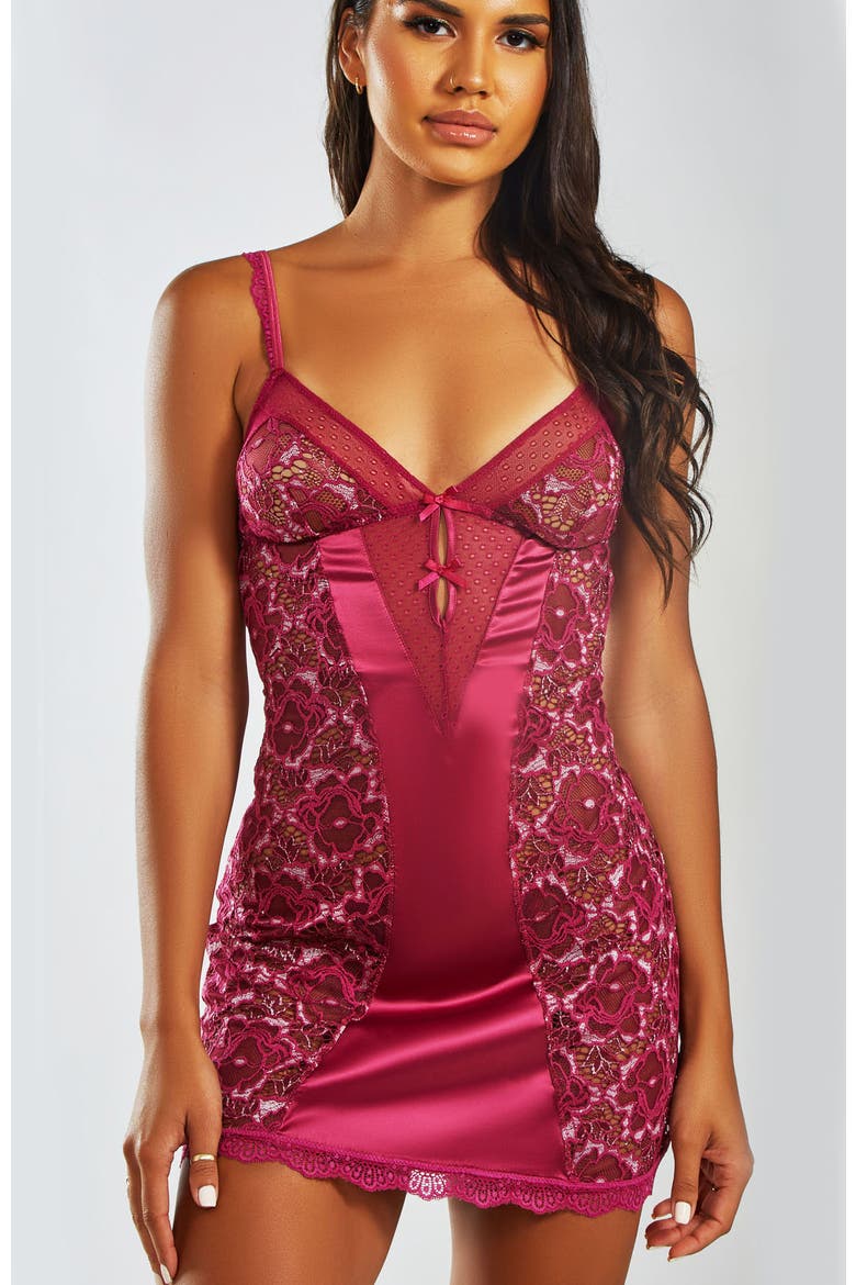 Two-Toned Lace & Satin Chemise Set, Main, color, Wine
