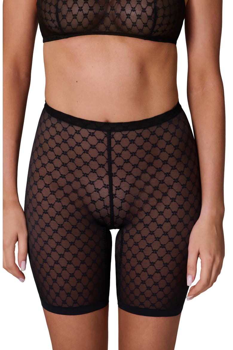 Plume Uplifting Embroidered Shaping Shorts, Main, color, BLACK