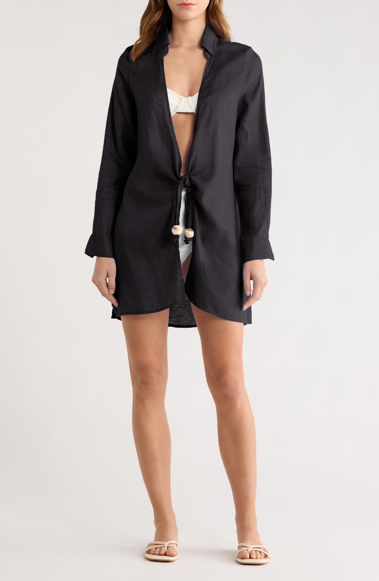 Elan Tie Front Long Sleeve Linen Cover-Up, Main, color, Black