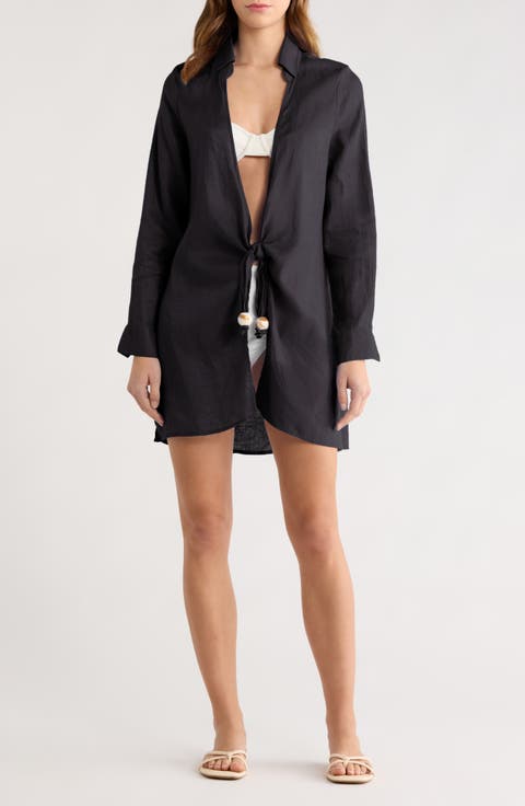 Tie Front Long Sleeve Linen Cover-Up