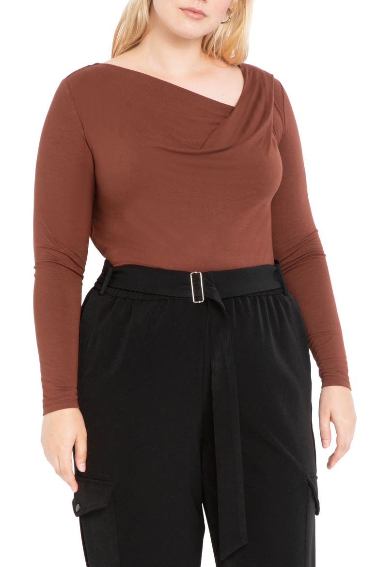 Asymmetrical Neck Long Sleeve Top, Main, color, CHOCOLATE FONDANT