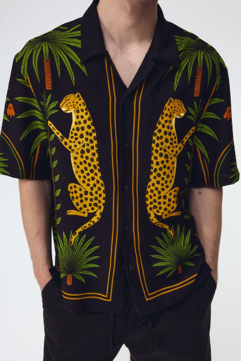 Relaxed Fit Printed Resort Shirt, Alternate, color, Dark brown/leopard