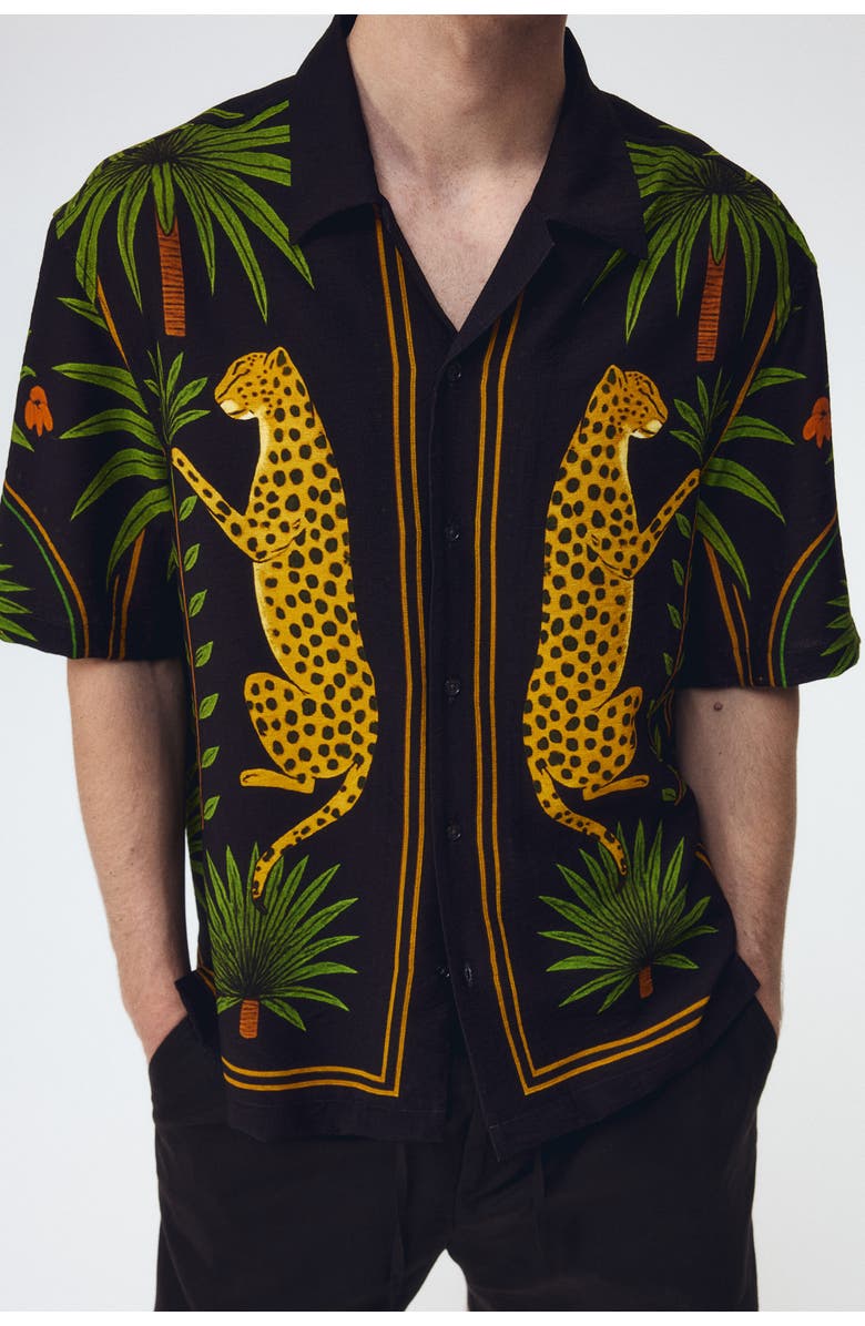 H&M Relaxed Fit Printed Resort Shirt, Alternate, color, Dark Brown/Leopard