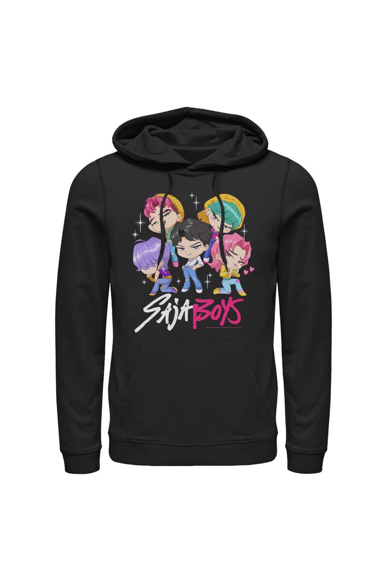Mens KPop Demon Hunters Saja Boys Chibi Group Lightweight Hoodie, Main, color, Black