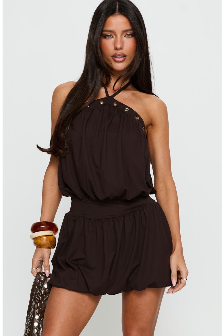 Sunnee Eyelet Detail Halter Bubble Playsuit, Alternate, color, BROWN