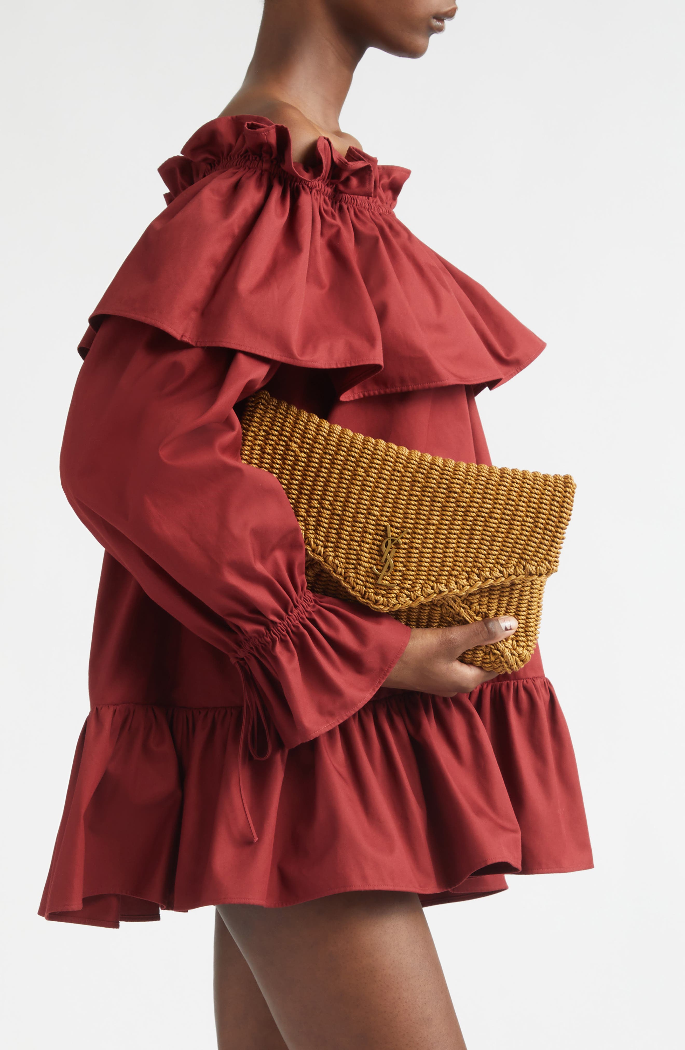 Saint Laurent Large Woven Raffia Envelope Clutch, Alternate, color, Light Brownie