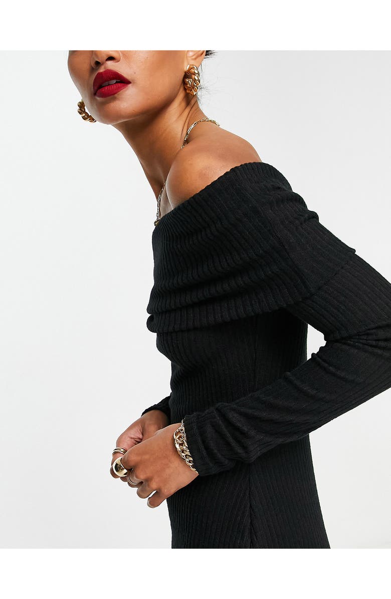 ASOS DESIGN Off the Shoulder Long Sleeve Rib Dress, Alternate, color,