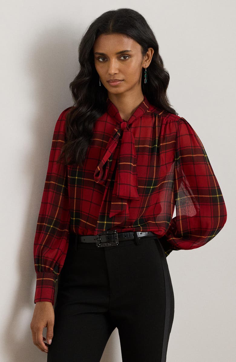 Lauren Ralph Lauren Plaid Tie Neck Chiffon Top, Alternate, color,