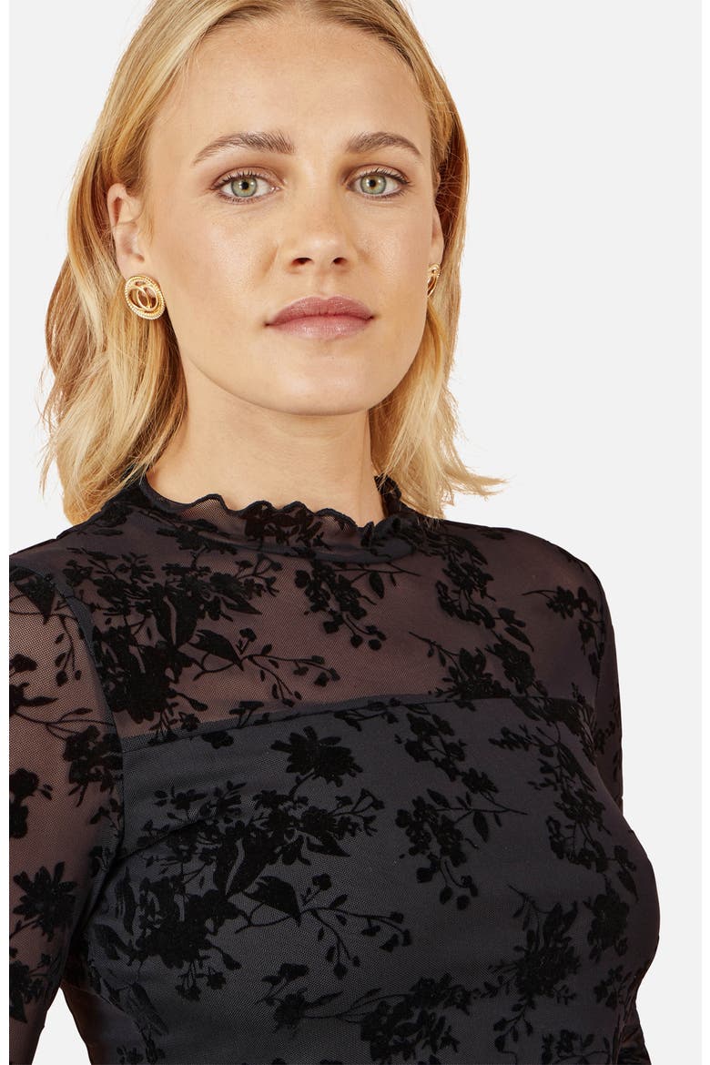 Flocked Floral Stretch Mesh Top, Alternate, color, Black
