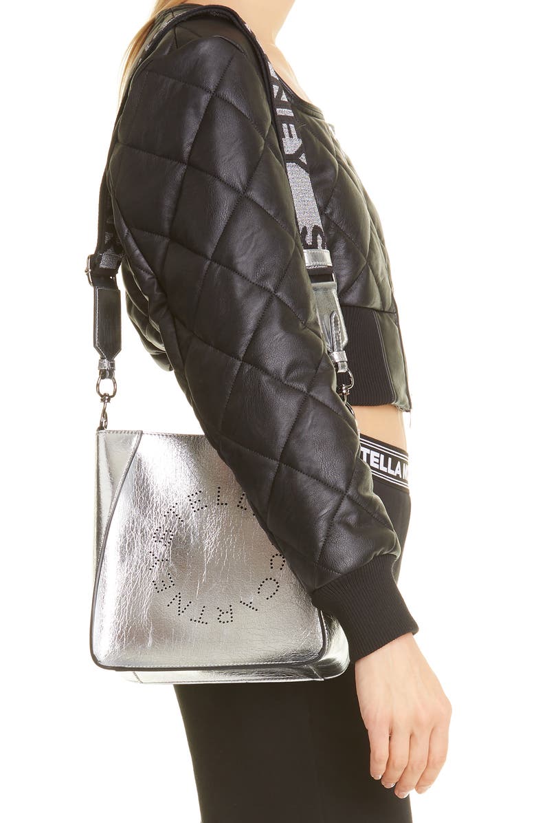 Stella McCartney Mini Perforated Logo Metallic Faux Leather Crossbody Bag, Alternate, color,