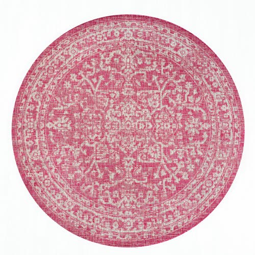 Jonathan Y Malta Bohemian Medallion Textured Weave Indoor/outdoor Round Area Rug In Fuchsia/light Gray