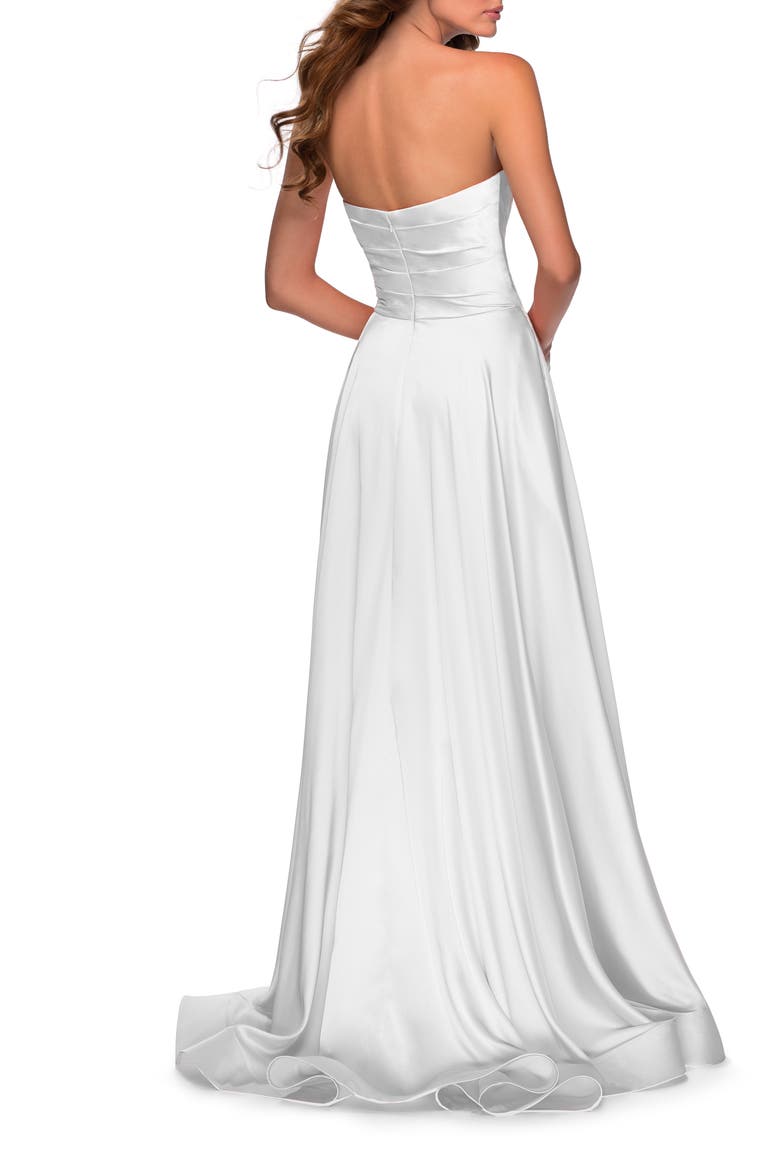 Strapless Slit Satin Ballgown, Alternate, color, WHITE