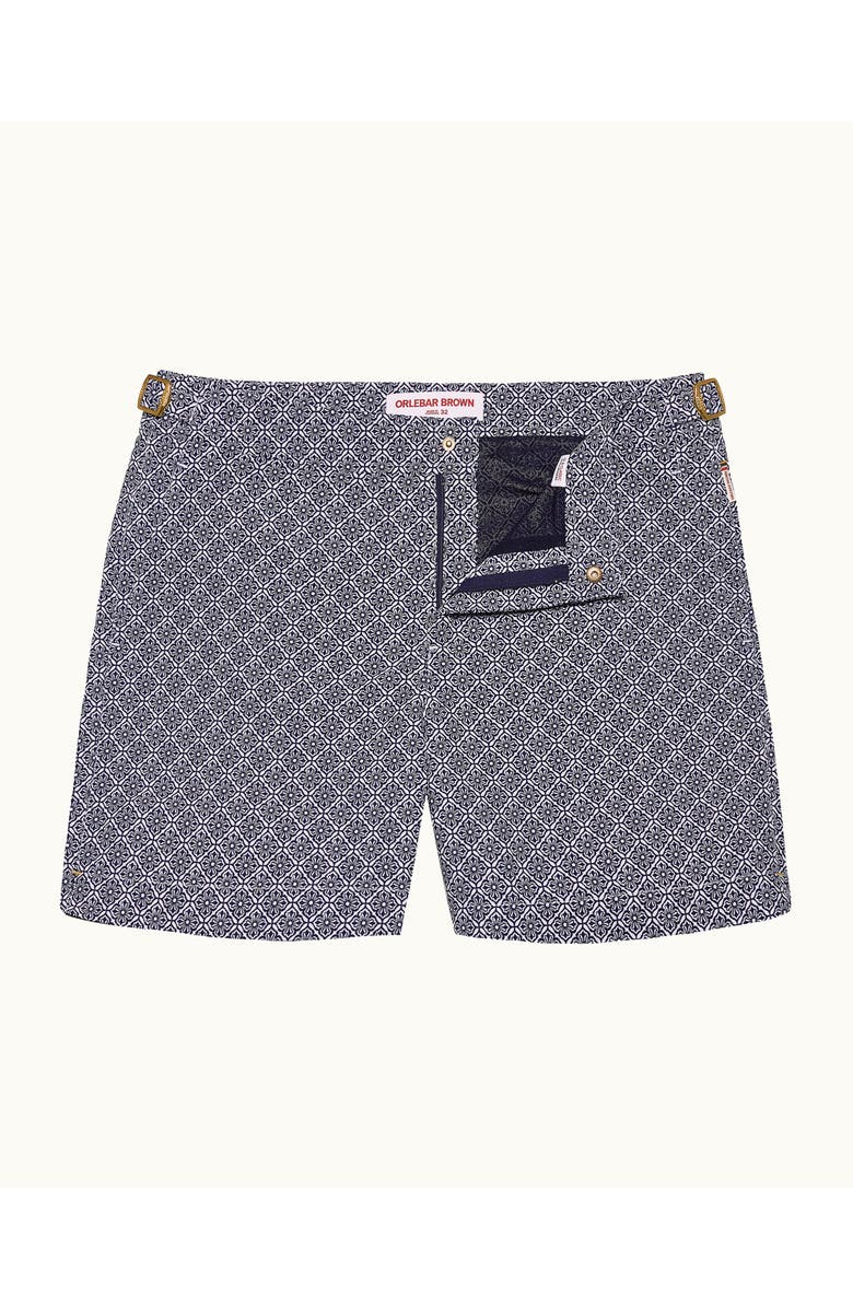Orlebar Brown Bulldog Jacquard Mid-Length Classic Fit Jacquard Swim Shorts With Portico Print, Alternate, color, Night Iris/White Sand