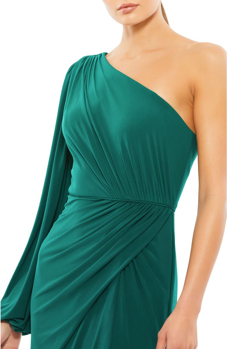 Mac Duggal One-Shoulder Puff Sleeve Jersey Gown with Draped Waist and Thigh-High Slit, Alternate, color, Emerald