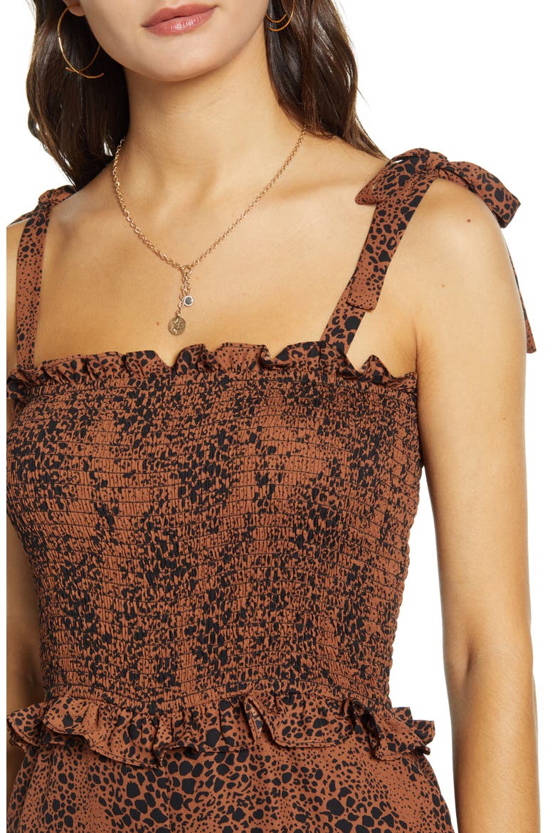 Smocked Bodice Wide Leg Jumpsuit, Alternate, color, COFFEE BLACK PRINT