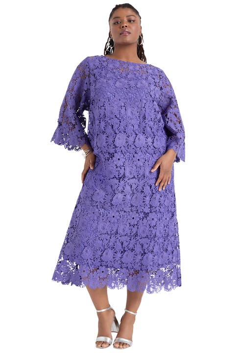 June + Vie Bell-sleeve Lace Midi Dress In Purple