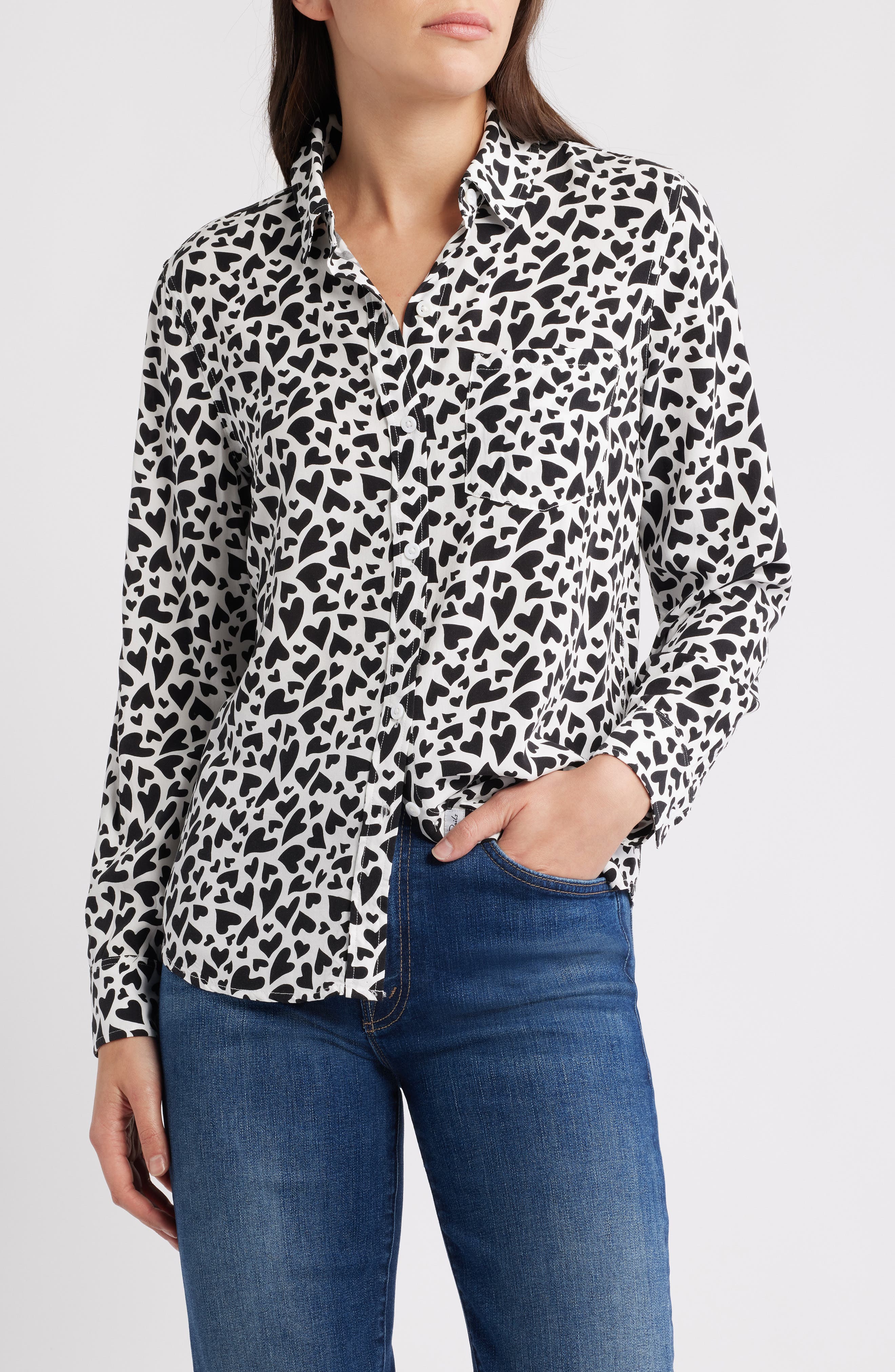 Kathryn Heart Print Long Sleeve Button-Up Shirt