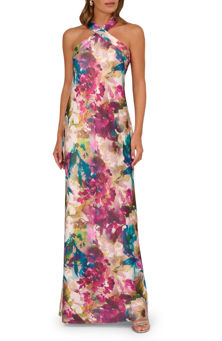 Adrianna Papell Floral Print Sleeveless Satin Gown, Main, color, 