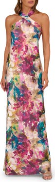 Adrianna Papell Floral Print Sleeveless Satin Gown