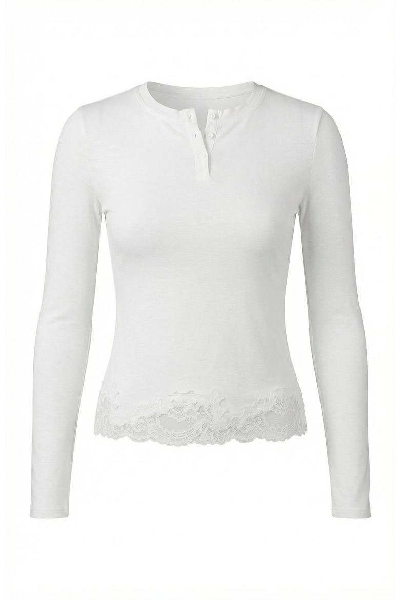 Long Sleeve Lace Trim Henley Top, Alternate, color, White