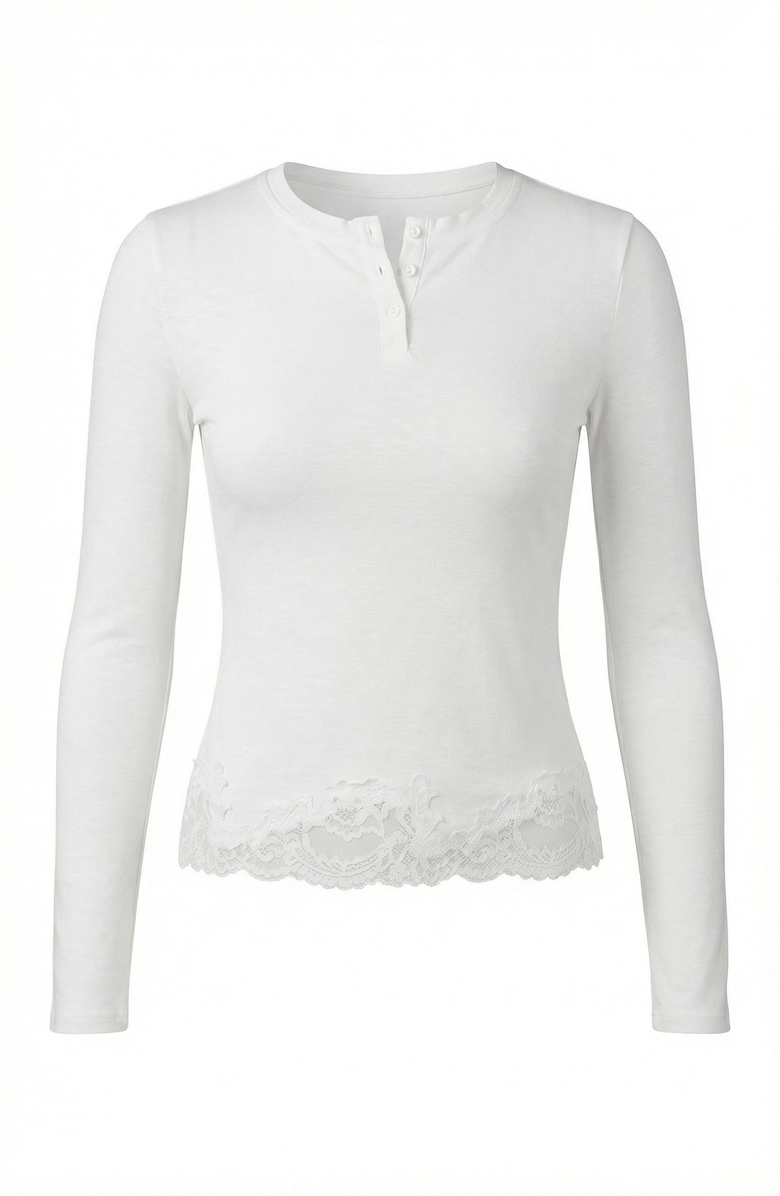 Modenaire Long Sleeve Lace Trim Henley Top, Alternate, color, White