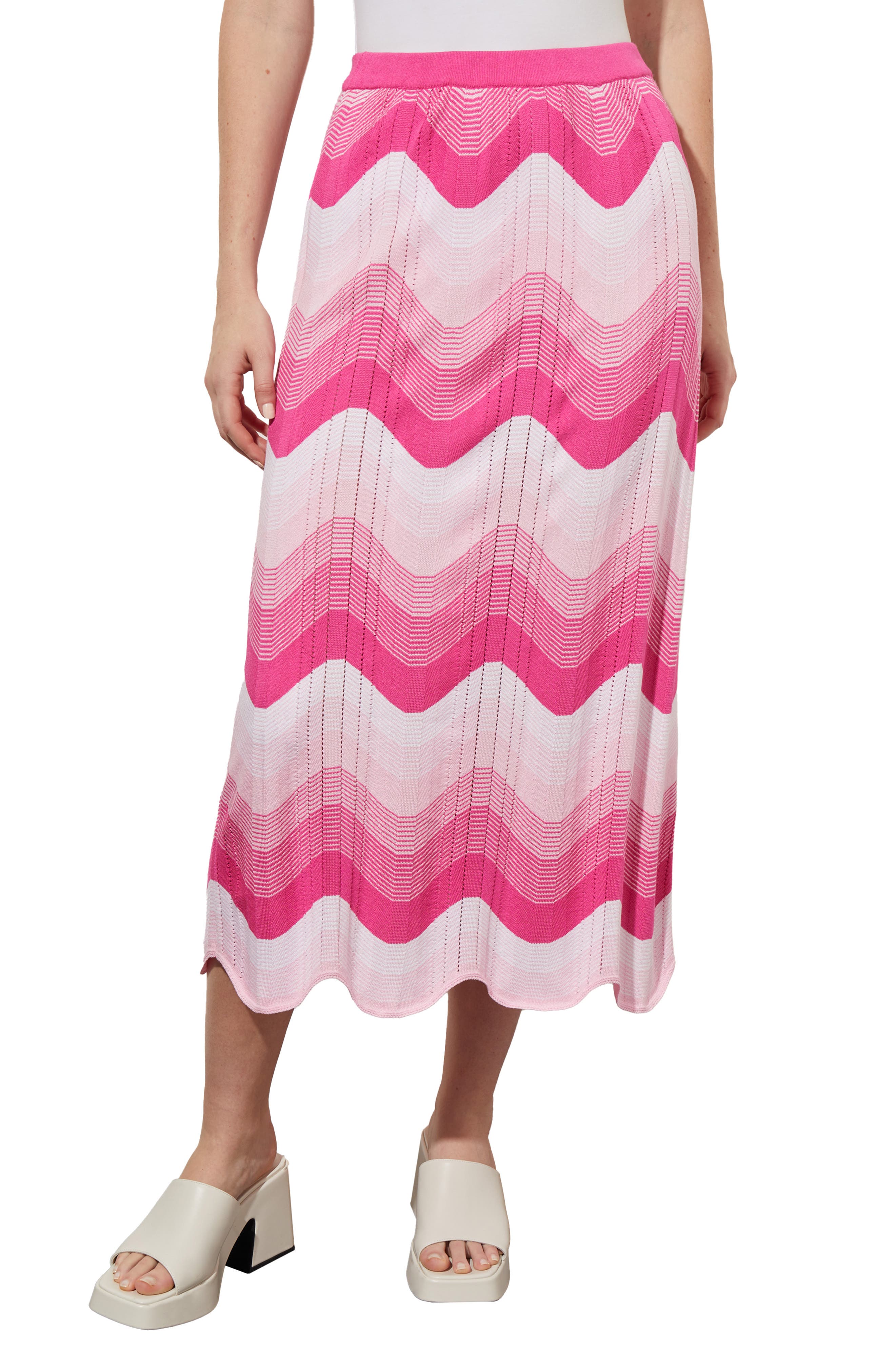 Ming Wang Scallop Stripe Knit Midi Skirt