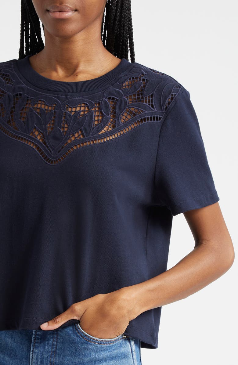 Veronica Beard Monty Guipure Lace Yoke Cotton T-Shirt, Alternate, color, 