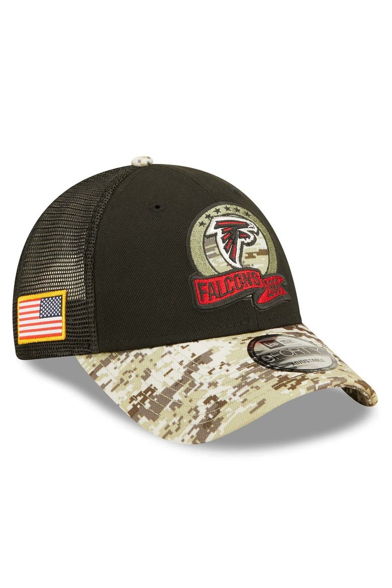 Men's New Era Black/Camo Atlanta Falcons 2022 Salute To Service 9FORTY Snapback Trucker Hat, Main, color, Black