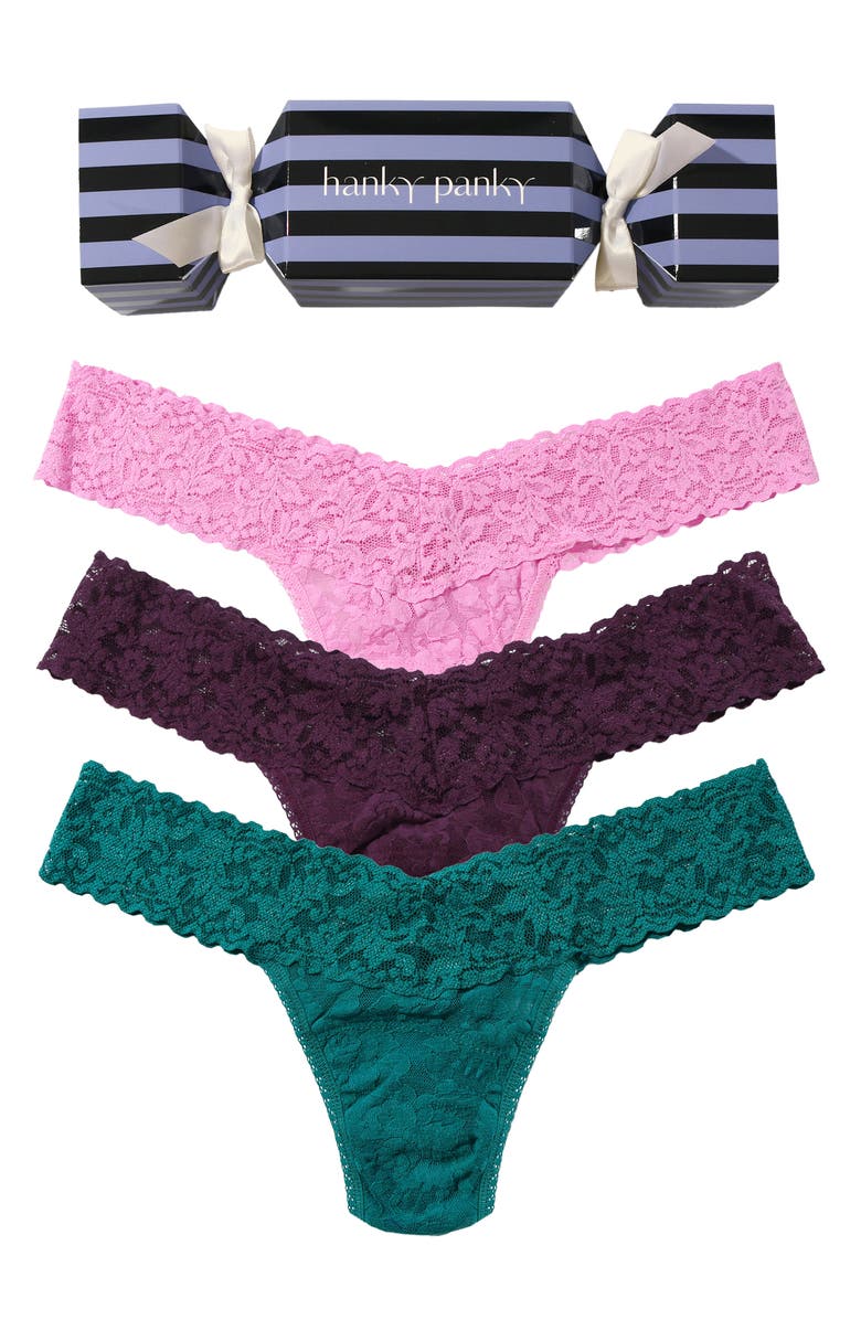 Hanky Panky Holiday Cracker Assorted 3-Pack Low Rise Thongs, Alternate, color, Horizon/Moonstone/Stone Fruit