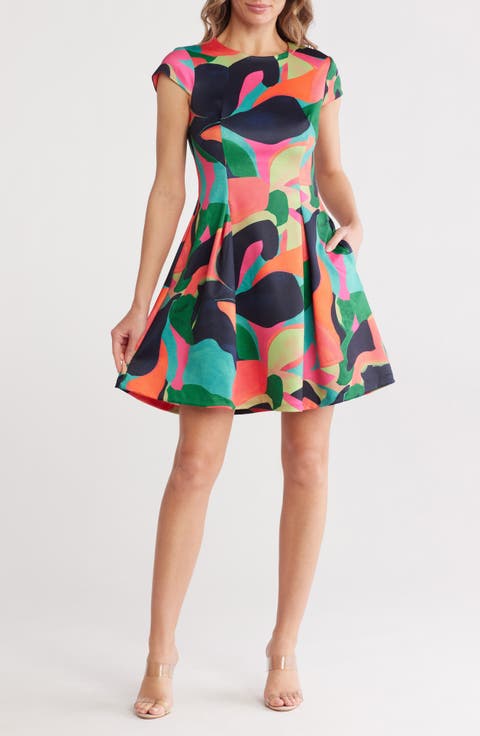 Cap Sleeve Scuba Knit Fit & Flare Dress