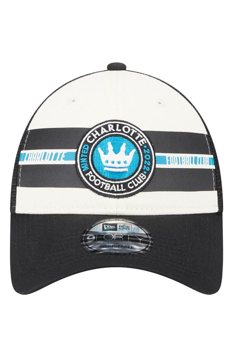 New Era Men's New Era White/Black Charlotte FC Team Stripes 9FORTY Trucker Snapback Hat, Alternate, color, White