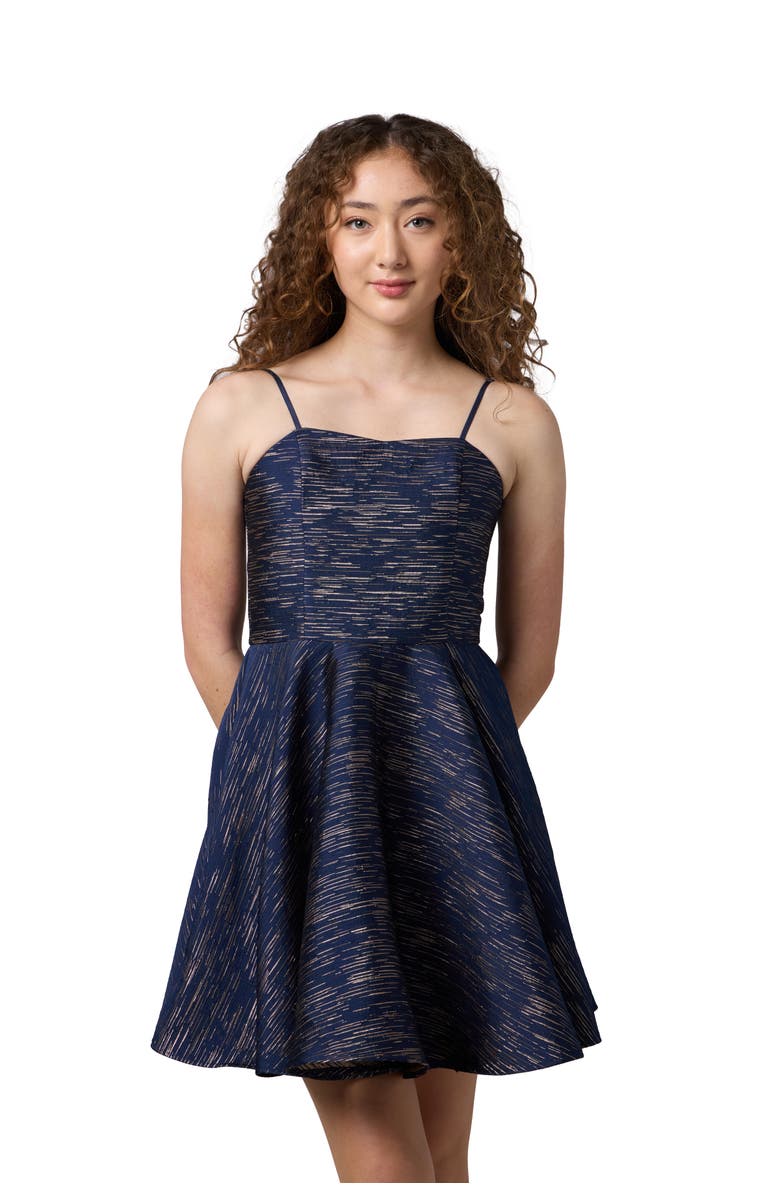 Un Deux Trois Fit and Flare Party Dress in Longer Length, Main, color, Navy