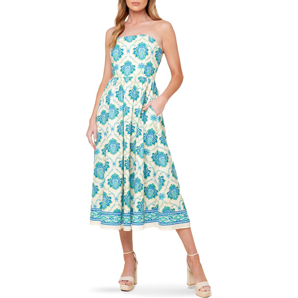Shop Flying Tomato Strapless Cotton Fit & Flare Sundress In Off White/blue/green