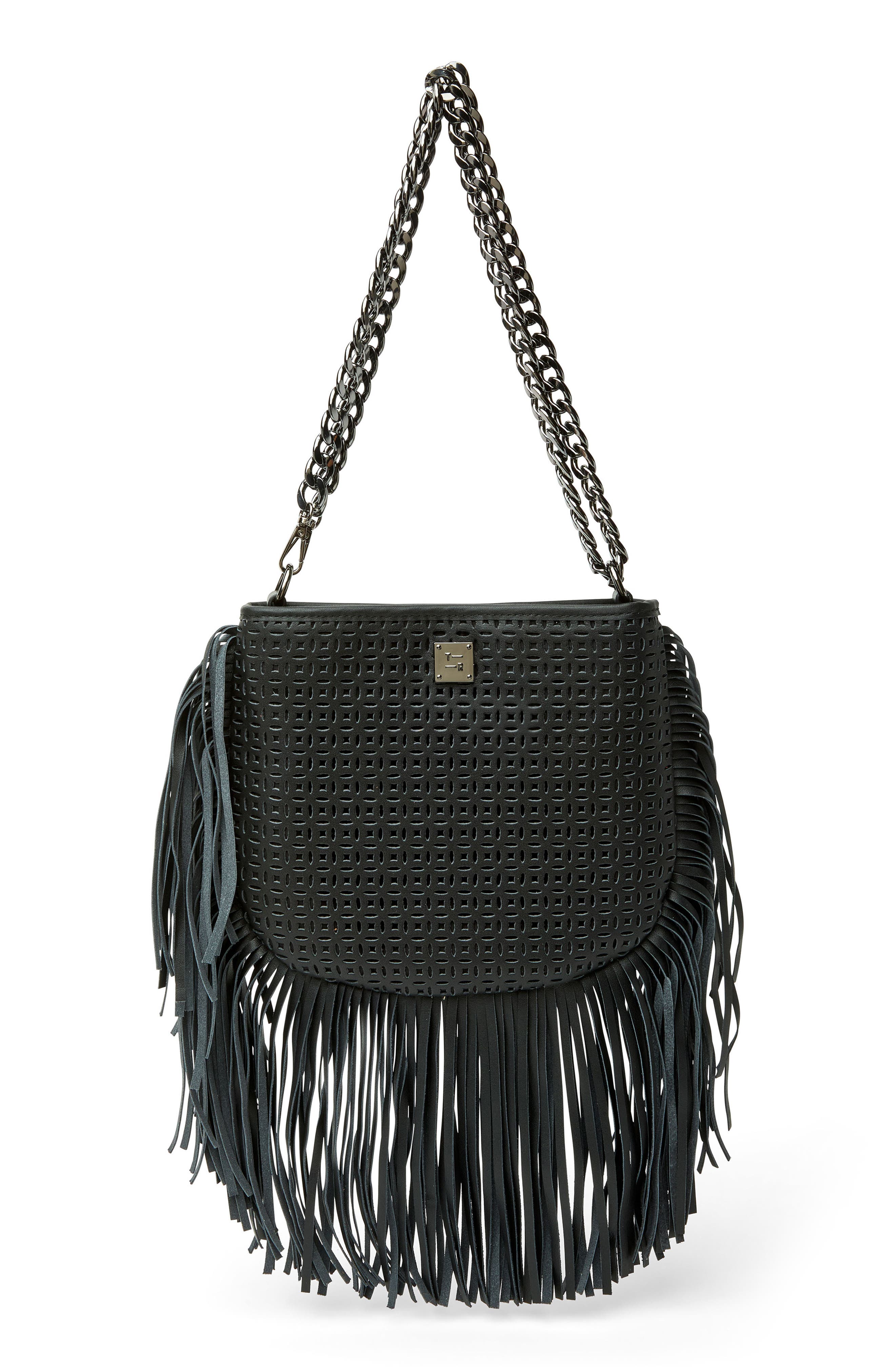THINK ROYLN Free Spirit Fringe Saddle Bag, Main, color, Black Perforated Leather