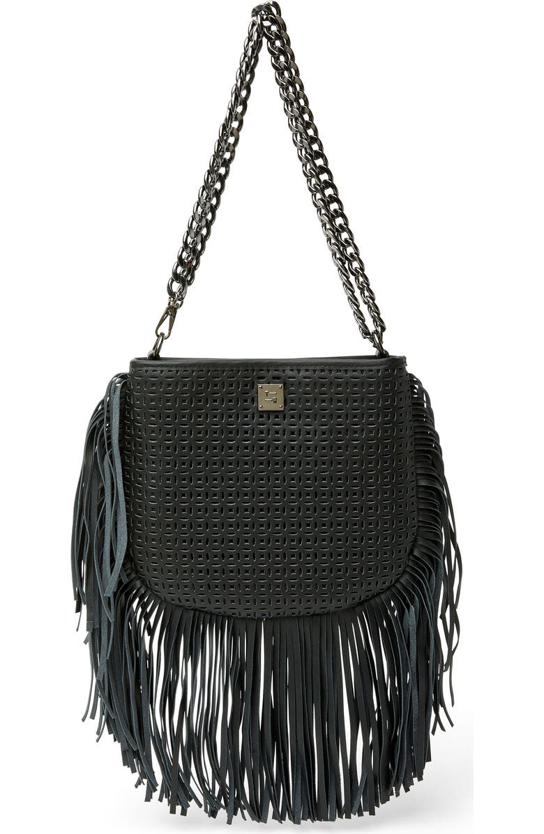 THINK ROYLN Free Spirit Fringe Saddle Bag, Main, color, Black Perforated Leather