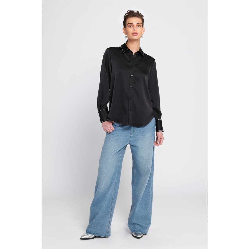 Elle Collection Sparkle Trim Satin Shirt Button Down Top In Black