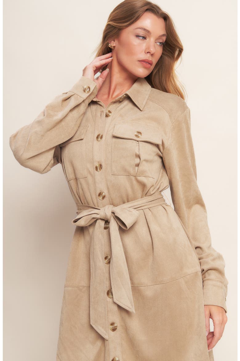 Long Sleeve Faux Suede Shirtdress, Alternate, color, SAND