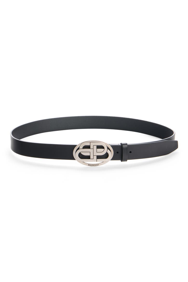 Oval BB Buckle Leather Belt, Main, color, 1000 BLACK