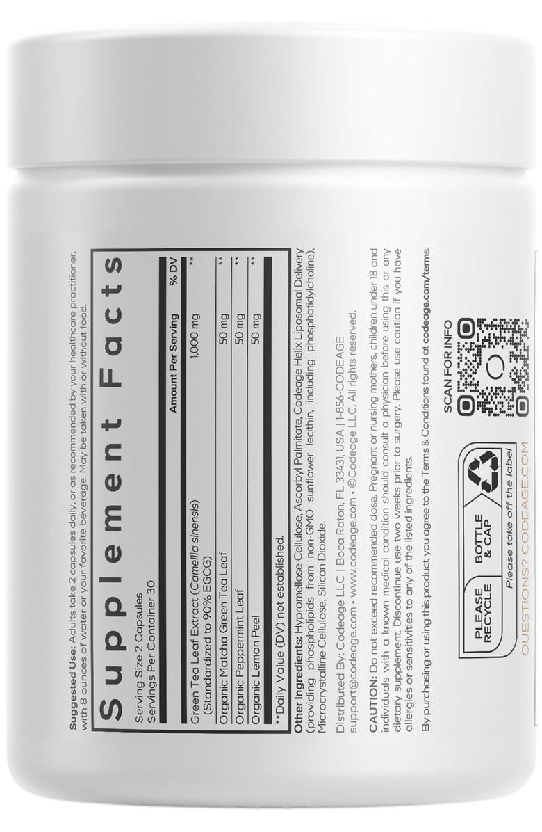 Codeage Liposomal Green Tea+ Ultra Potency - EGCG 90% Green Tea Extract, Organic Matcha Green Tea Powder, Peppermint, Lemon Peel - Vegan, Non-GMO, Gluten-Free - Liposomal Delivery, Alternate, color, White
