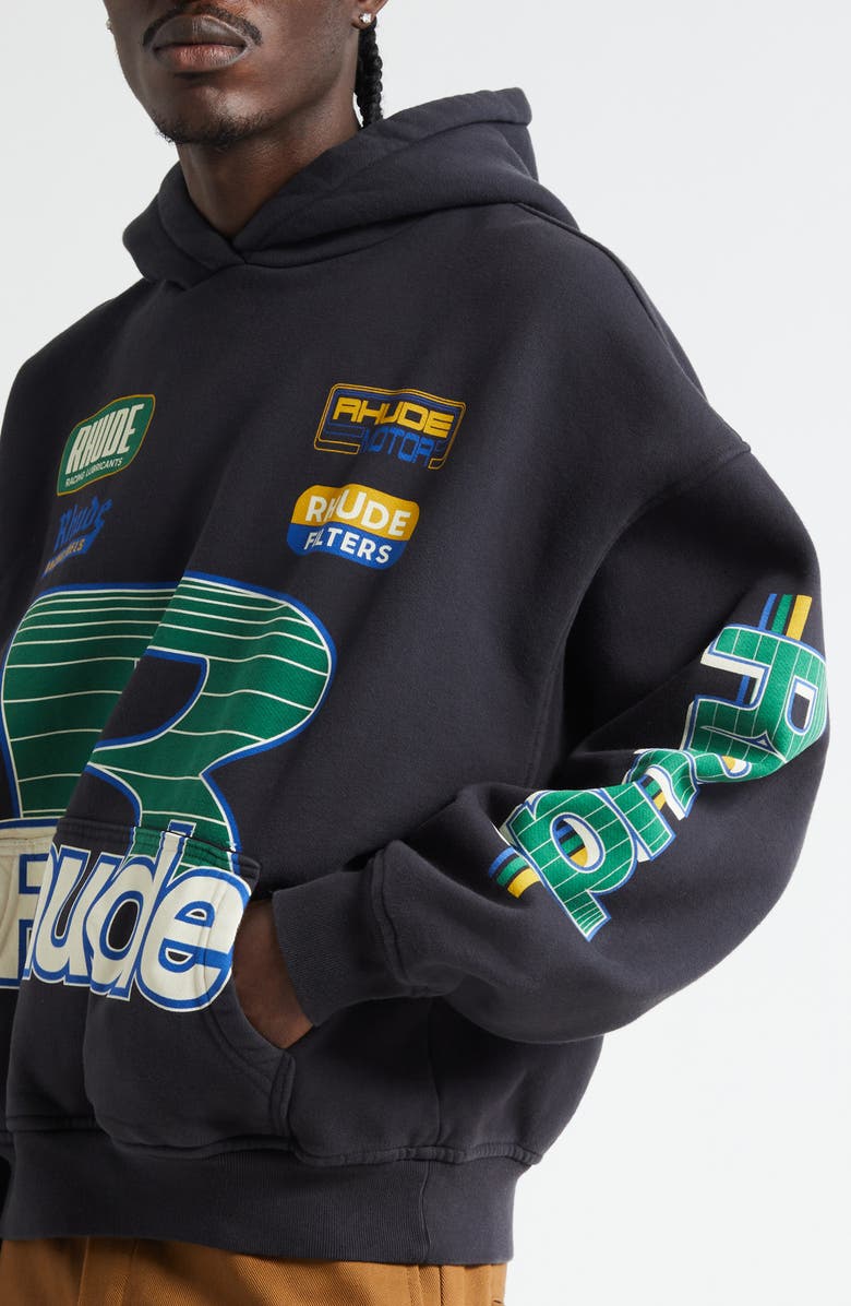 Rhude Roadway Racing Graphic Hoodie, Alternate, color, Vintage Black