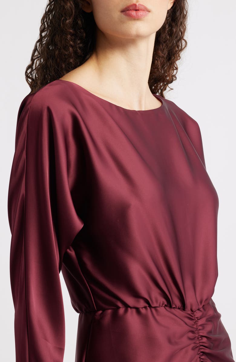 Julia Jordan Ruched Detail Long Sleeve Satin Gown, Alternate, color, Wine