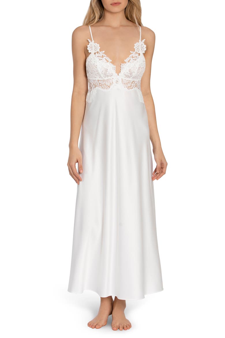 Lace Trim Satin Maxi Nightgown, Main, color, IVORY
