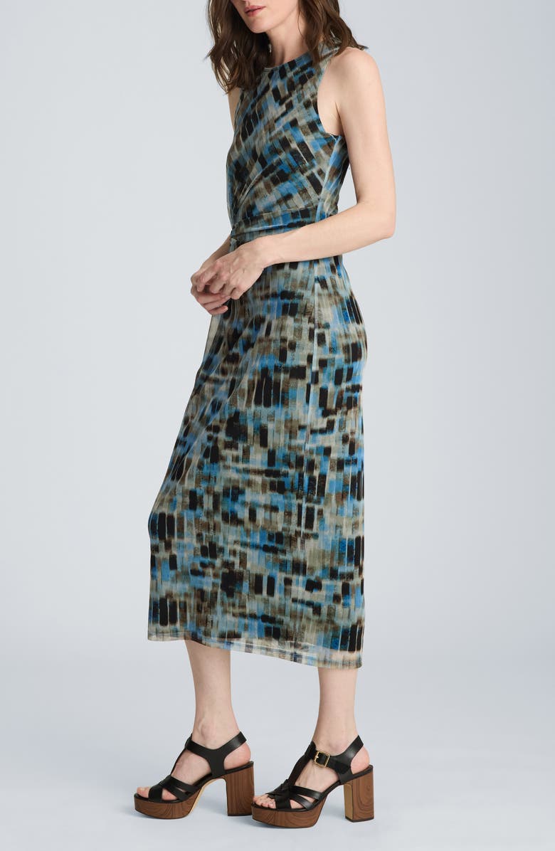 Kenneth Cole Abstract Print Side Ruched Mesh Dress, Alternate, color, Lake Blue Multi