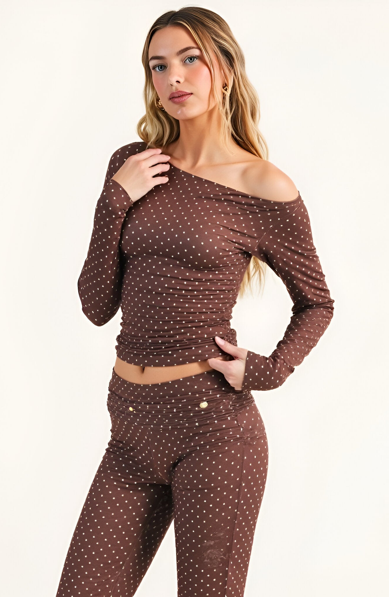 Modenaire Asymmetric Off-Shoulder Ruched Mini Polka Dot Print Top, Main, color, 