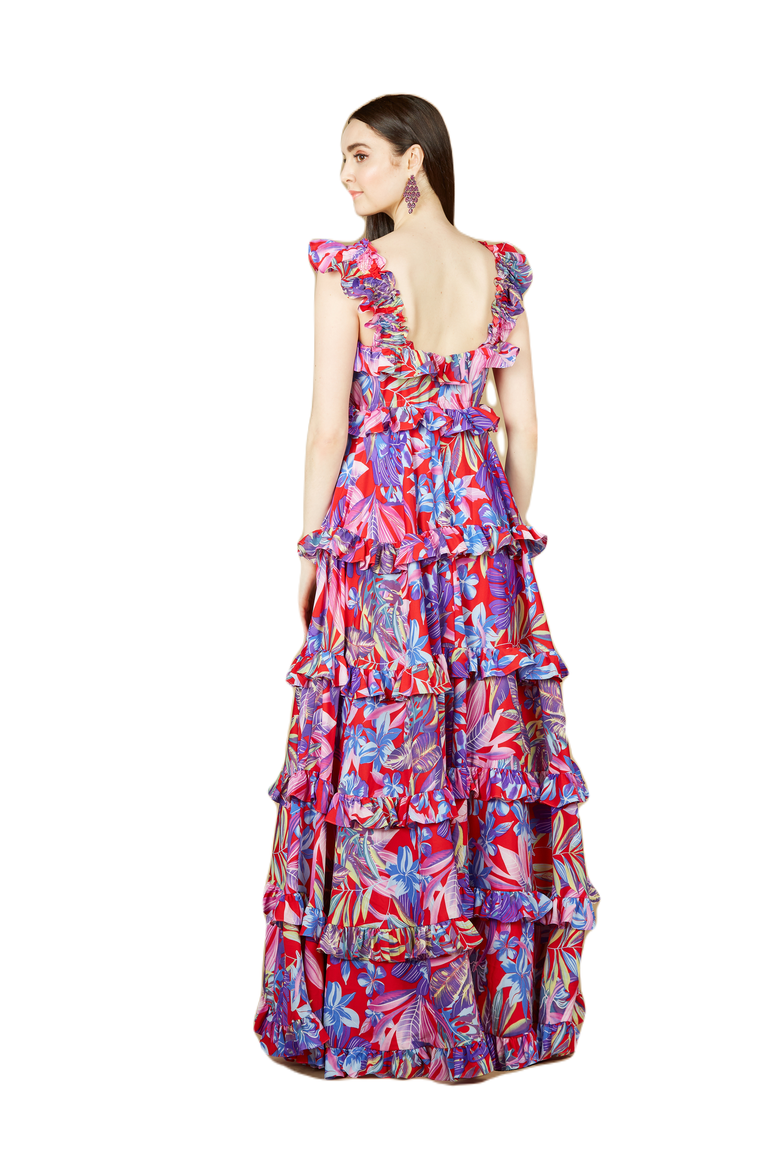 Printed Gown with Ruffle Skirt, Alternate, color, Red