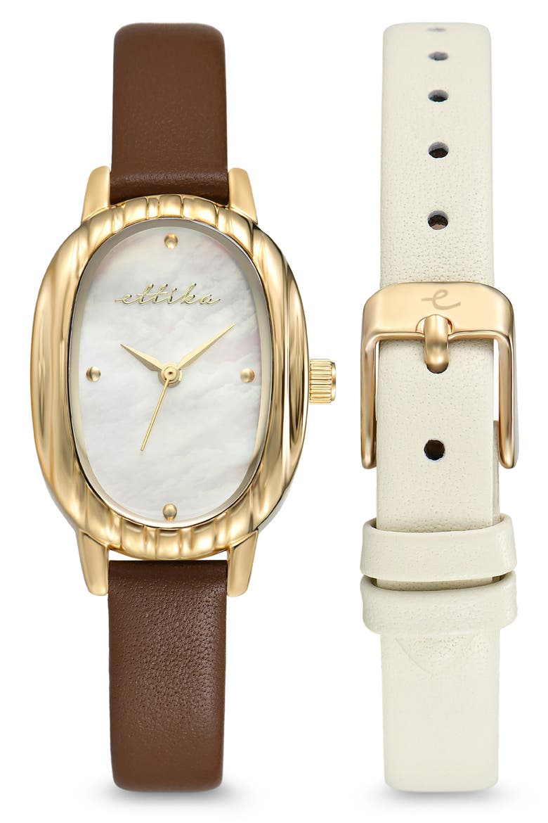 Oval Mother of Pearl Watch & Leather Strap Set, Alternate, color, CHOCOLATE