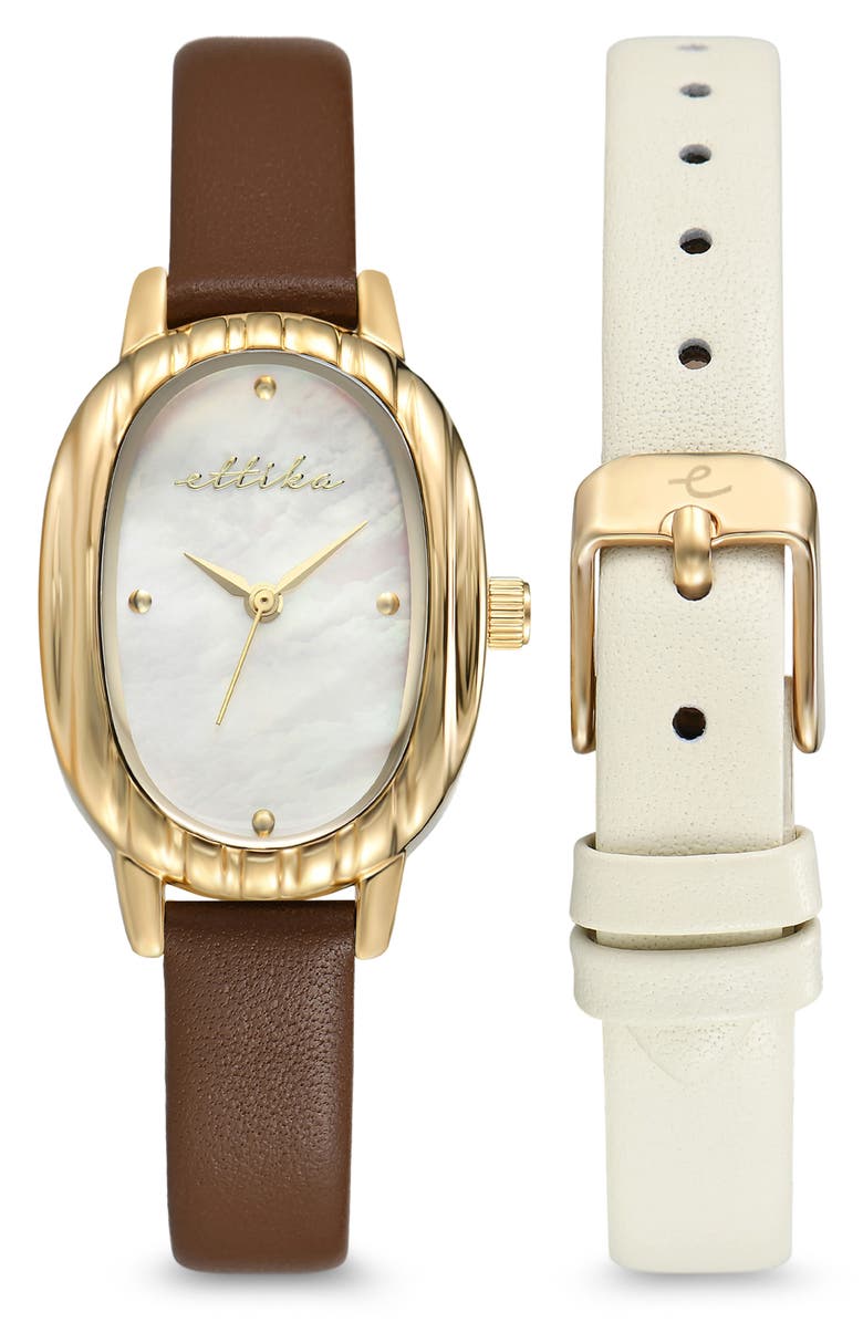 Ettika Oval Mother of Pearl Watch & Leather Strap Set, Alternate, color, Chocolate